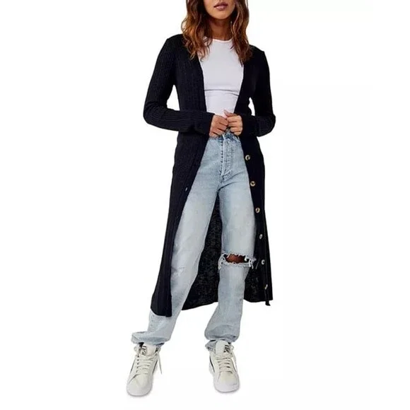 Free People long black ribbed cardigan - Picture 3 of 8